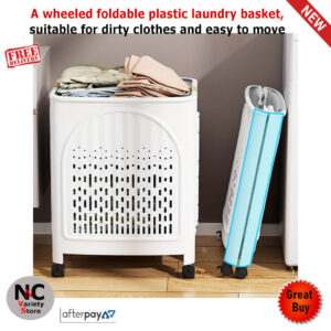 A wheeled foldable plastic laundry basket for design convenience.
