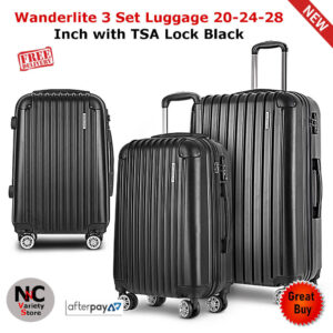 Wanderlite 3 Set Luggage 20-24-28 Inch with TSA Lock Spinner Hard Shell Travel Suitcase Luggage Organiser Case Black