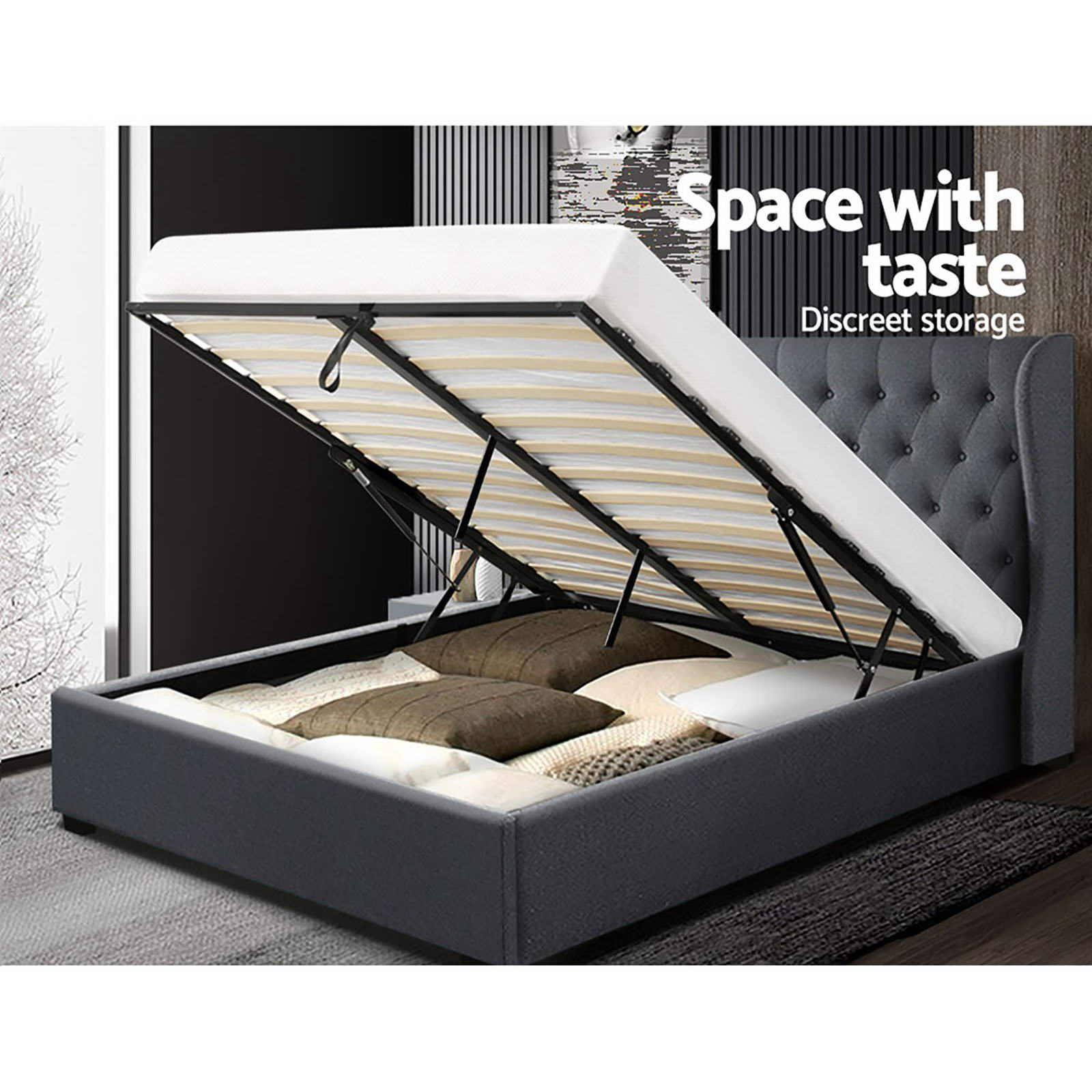 Artiss King Size Gas Lift Bed Frame - Charcoal Issa – Nice N Cheap Variety Store King Size Gas Lift Bed