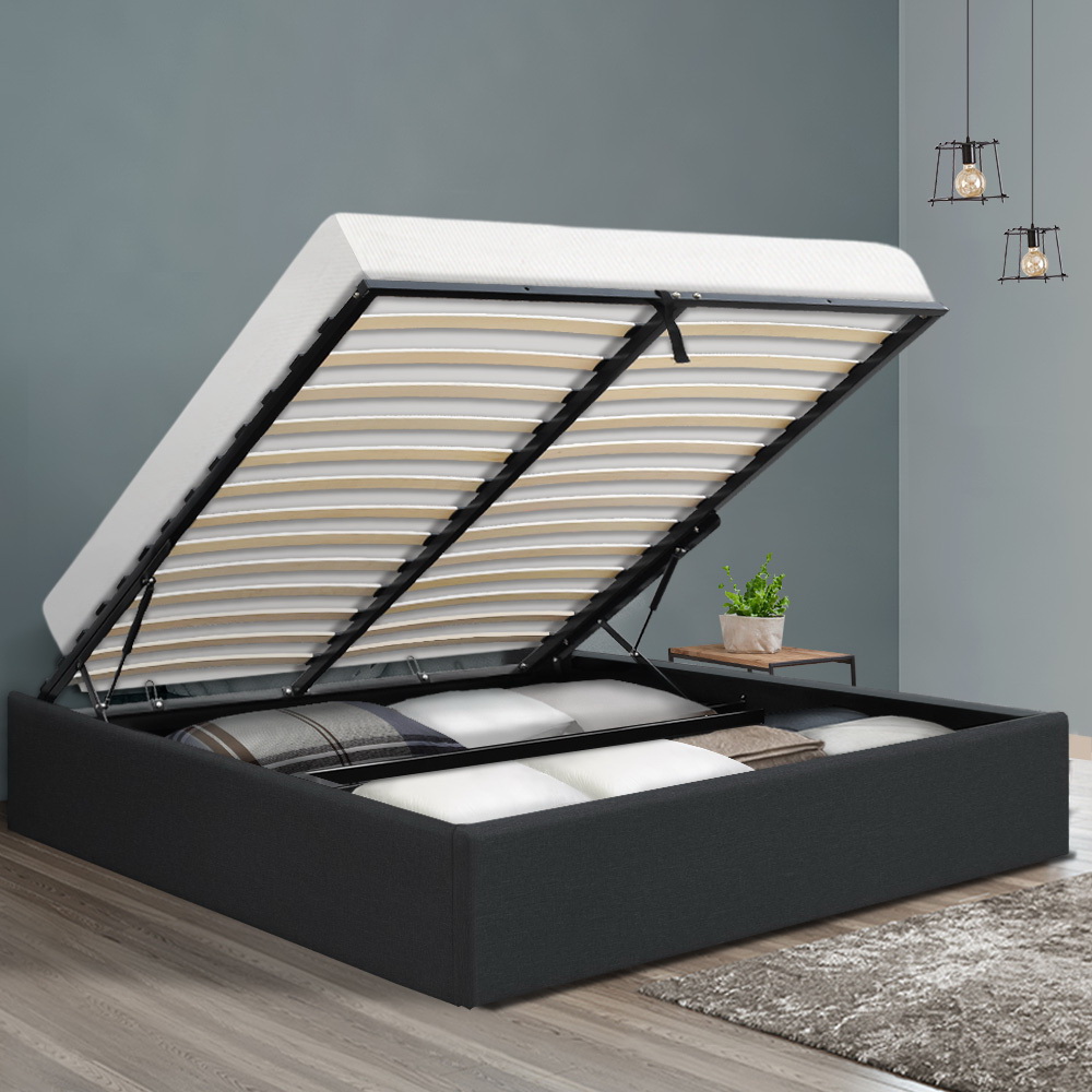 Artiss Toki Queen Gas Lift Bed Frame - Charcoal – Nice N Cheap Variety Store Queen Gas Lift Bed Frame