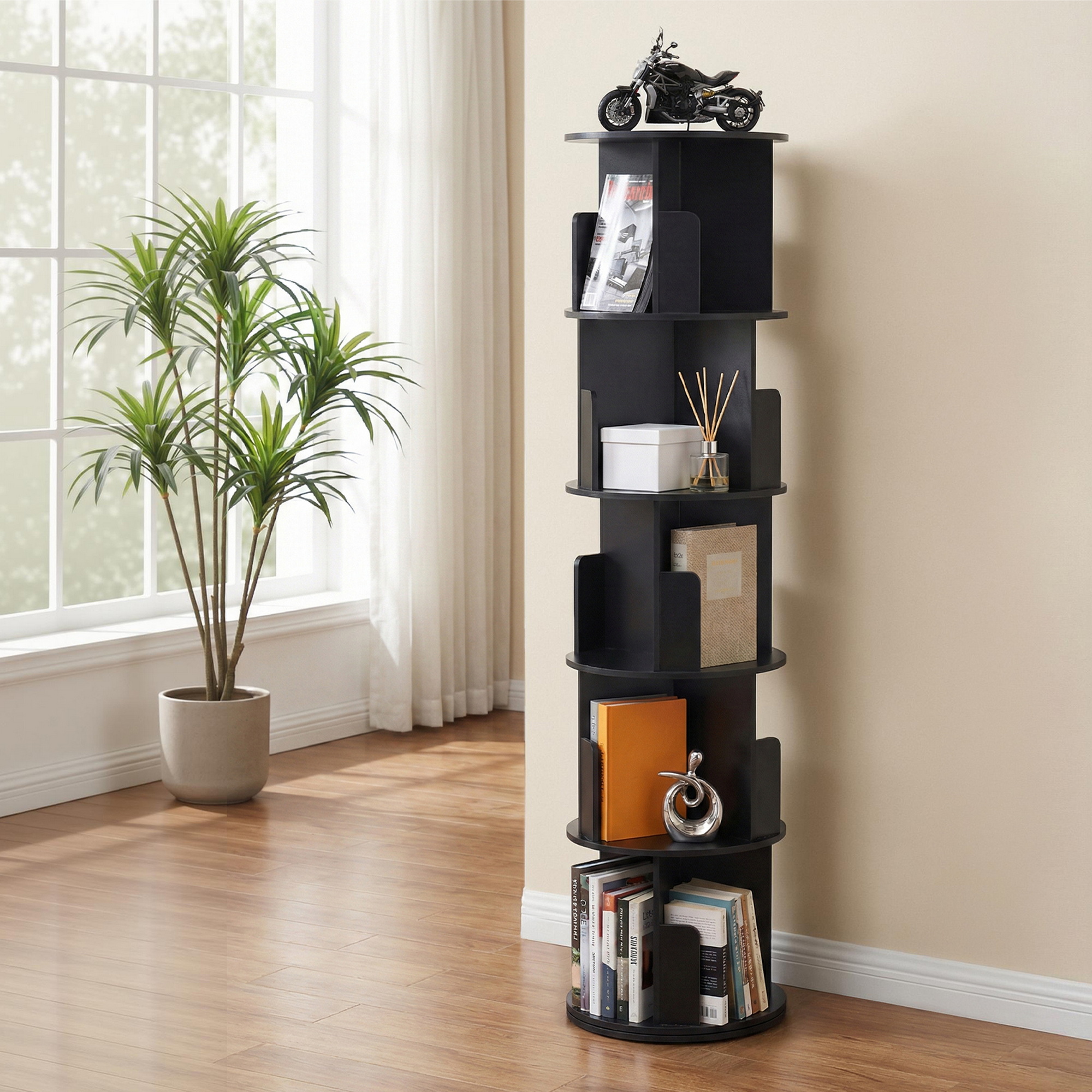 Artiss 5-Tier Swivel Bookshelf | Round Black Display – Nice N Cheap Variety Store Swivel Bookshelf