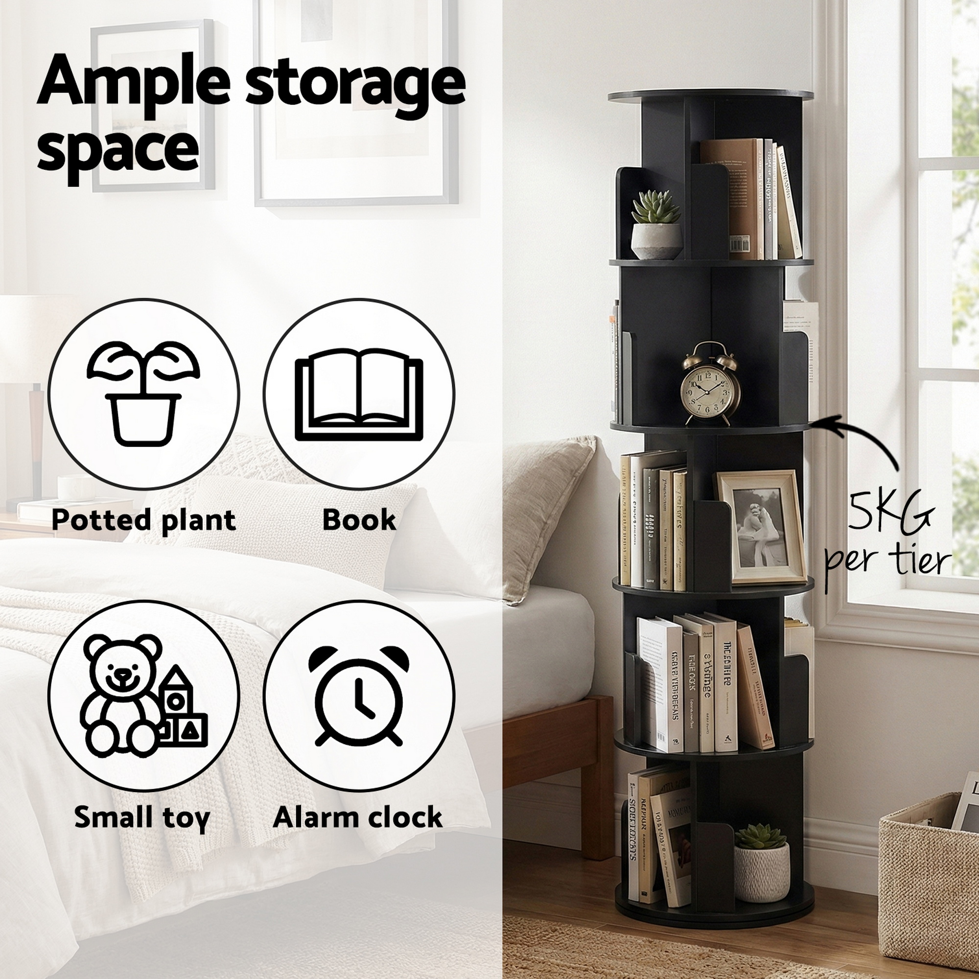 Artiss 5-Tier Swivel Bookshelf | Round Black Display – Nice N Cheap Variety Store Swivel Bookshelf