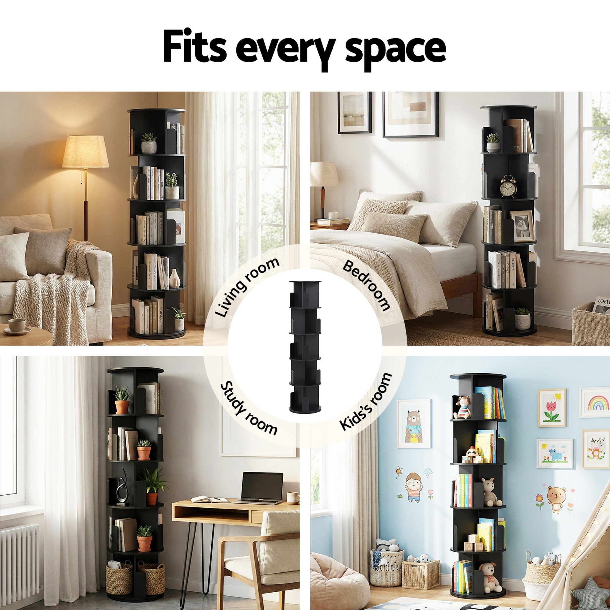 Artiss 5-Tier Swivel Bookshelf | Round Black Display – Nice N Cheap Variety Store Swivel Bookshelf