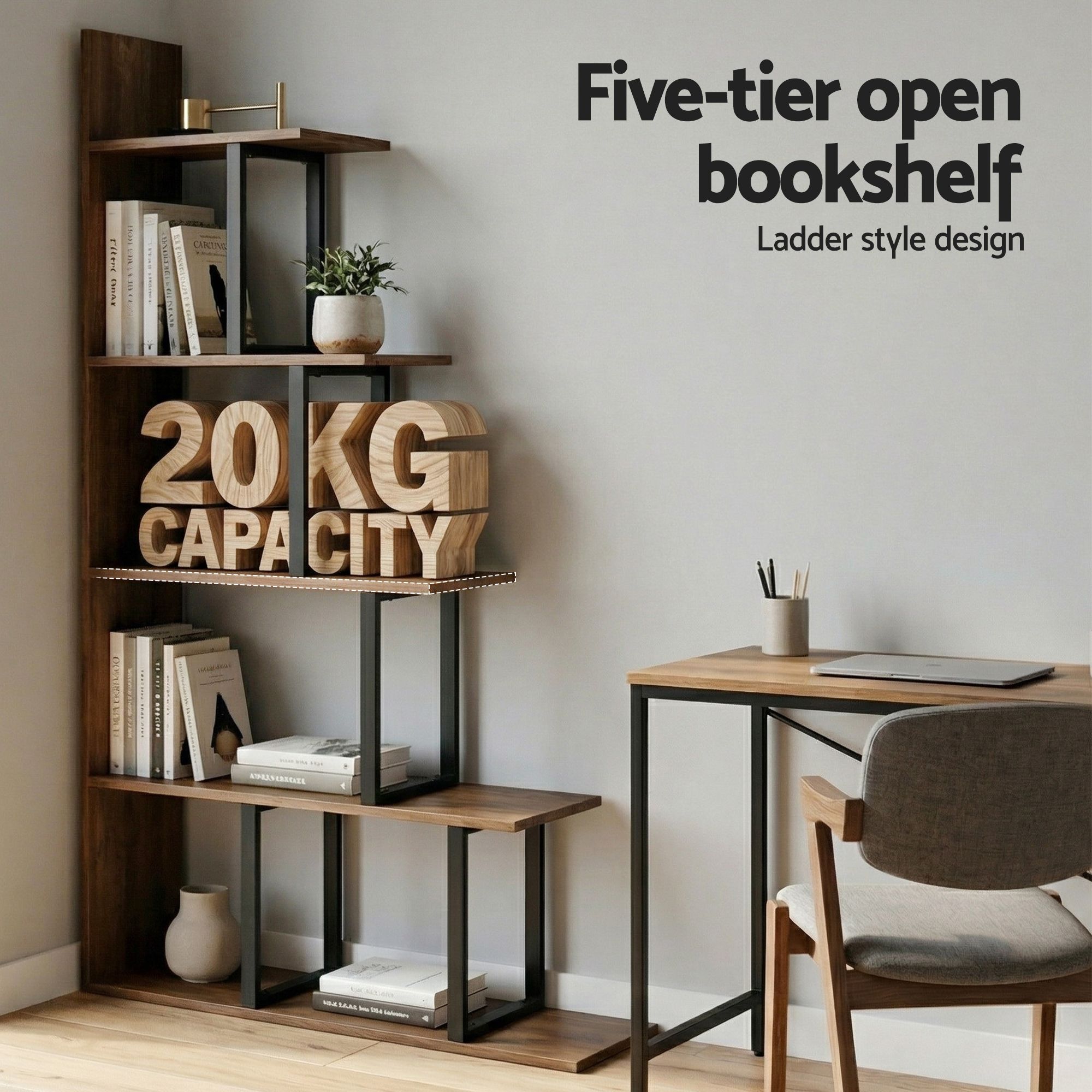 Artiss 5 Tiers Bookshelf Ladder Corner Shelf Bookcase Walnut – Nice N Cheap Variety Store Artiss 5 Tiers Bookshelf Ladder Corner Shelf Bookcase Walnut - Image 5
