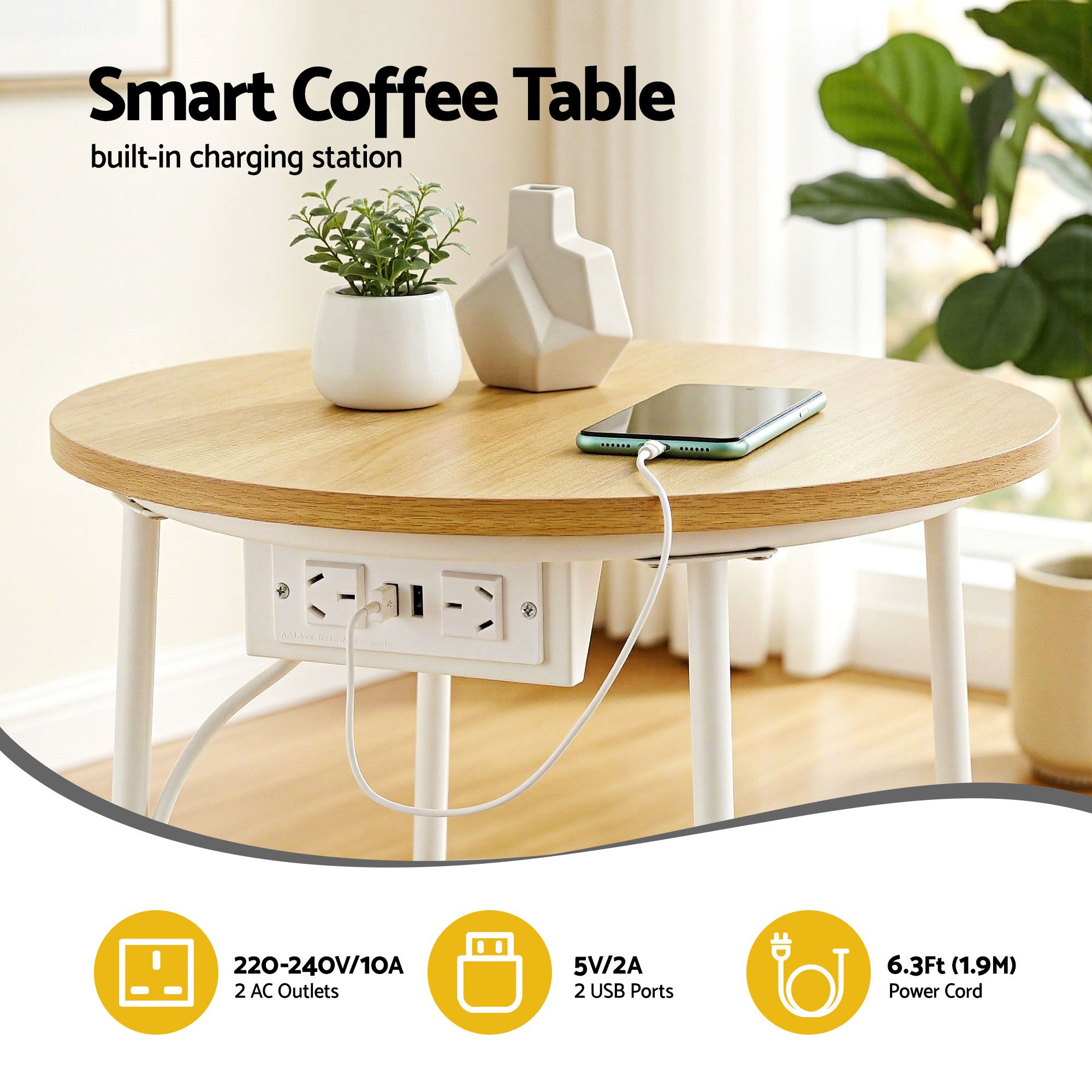 Artiss Round Coffee Table Side End Table Charging Station Storage Basket – Nice N Cheap Variety Store Artiss Round Coffee Table Side End Table Charging Station Storage Basket - Image 6
