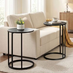 Artiss Black C Shaped End Table set of two styled next to a modern grey fabric sofa