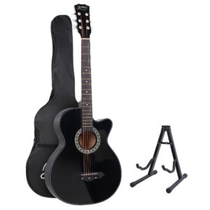 Alpha 38 inch wooden acoustic guitar in black with stand and accessory bundle