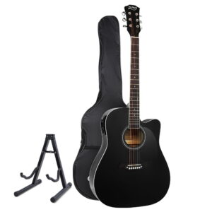 Alpha 41 inch electric acoustic guitar in gloss black with stand and 5-band EQ kit