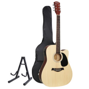 Alpha 41 inch electric acoustic guitar in natural wood finish with stand and 5-band EQ kit