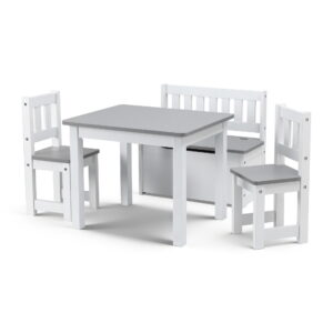 Keezi 2 in 1 Kids Table and Chair Set, Activity Table with Storage Bench and 2 Chairs for Reading, Drawing, Writing, Snack Time & Arts Crafts, 4 PCS Toddler Table and Chair Set, Grey