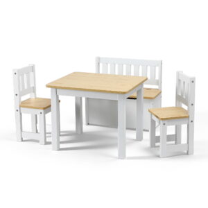 Keezi 2 in 1 Kids Table and Chair Set, Activity Table with Storage Bench and 2 Chairs for Reading, Drawing, Writing, Snack Time & Arts Crafts, 4 PCS Toddler Table and Chair Set, Natural