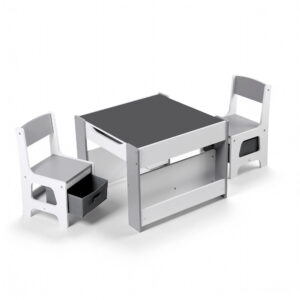 Keezi Kids Table and Chair Set, 4 in 1 Wooden Activity Table with Bookcase, Storage Box and Detachable Blackboard, Toddler Table and 2 Chairs Set, Grey