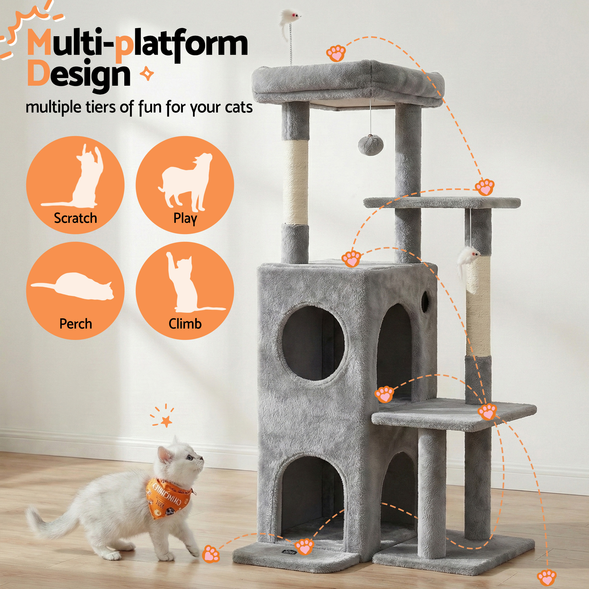 I.pet Cat Tree Tower 127Cm Scratching Post Furniture Scratcher House Light Grey – Nice N Cheap Variety Store I.pet Cat Tree Tower 127Cm Scratching Post Furniture Scratcher House Light Grey - Image 4