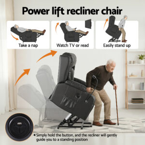 Artiss Power Lift Recliner Chair With Massage And Heat For Elderly, Electric Sofa Reclining Chair With Usb And Phone Holder, Pu Leather Comfy Armchair For Living Room, 2 Cup Holder &Amp; 4 Pockets, Black - Image 6