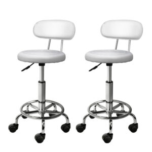 Pair of modern white Artiss 2x salon stool swivel chair backrest white models with chrome bases.