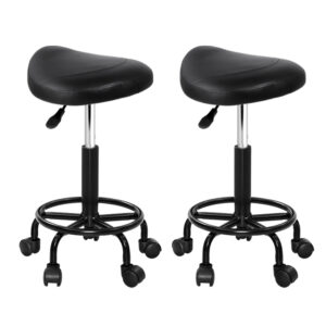 Pair of Artiss Black Saddle Salon Stool swivel chairs set up in a modern hair salon studio