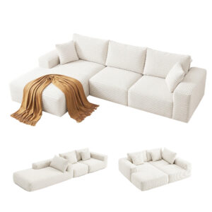 Artiss 3 Seater Modular Sofa Bed Sectional Boneless Couches For Living Room Corduroy Compressed Sofa White - Image 10