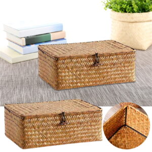 Natural Seagrass Storage Baskets for Organizing, Rectangular Storage Basket with Lid, Wicker Woven Basket for Storage, Decorative Boxes Bins with Lids Home Organizer Decor, 10.2x6.3x3.9 10.2" x 6.3" x 3.9" Khaki