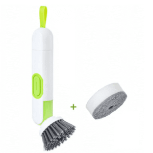 Handheld Press Liquid Dispensing Cleaning Brush with 2 Replaceable Heads, Multi‑Purpose Kitchen Dish Brush Pot Scrubber for Sink Tile Bathroom Household Cleaning