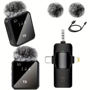2.4G Wireless Lavalier Microphone Set dual transmitters and receiver layout