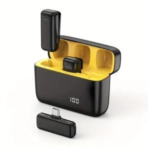 Wireless Lavalier Microphone Set dual transmitters and receiver inside yellow inner case