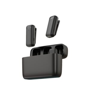 Wireless lavalier microphone for apple interface sitting inside its open black charging case with yellow interior.