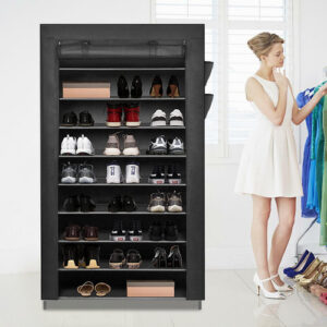 9 Tier Shoe Rack Portable Storage Cabinet Organiser Portable Wardrobe W/ Cover Black - Image 3