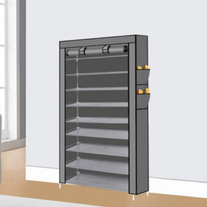 9 Tier Shoe Rack Portable Storage Cabinet Organiser Portable Wardrobe W/ Cover Gray - Image 3