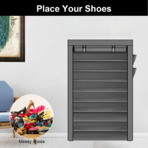 9 Tier Shoe Rack Portable Storage Cabinet Organiser Portable Wardrobe W/ Cover Gray - Image 7