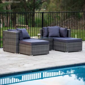 London Rattan 4 Seater Modular Outdoor Lounge Setting With Coffee Table, Ottomans, Grey - Image 7