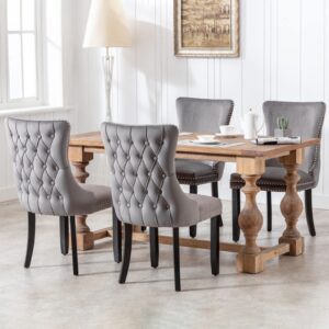 6X Velvet Upholstered Dining Chairs Tufted Wingback Side Chair With Studs Trim Solid Wood Legs For Kitchen - Image 9
