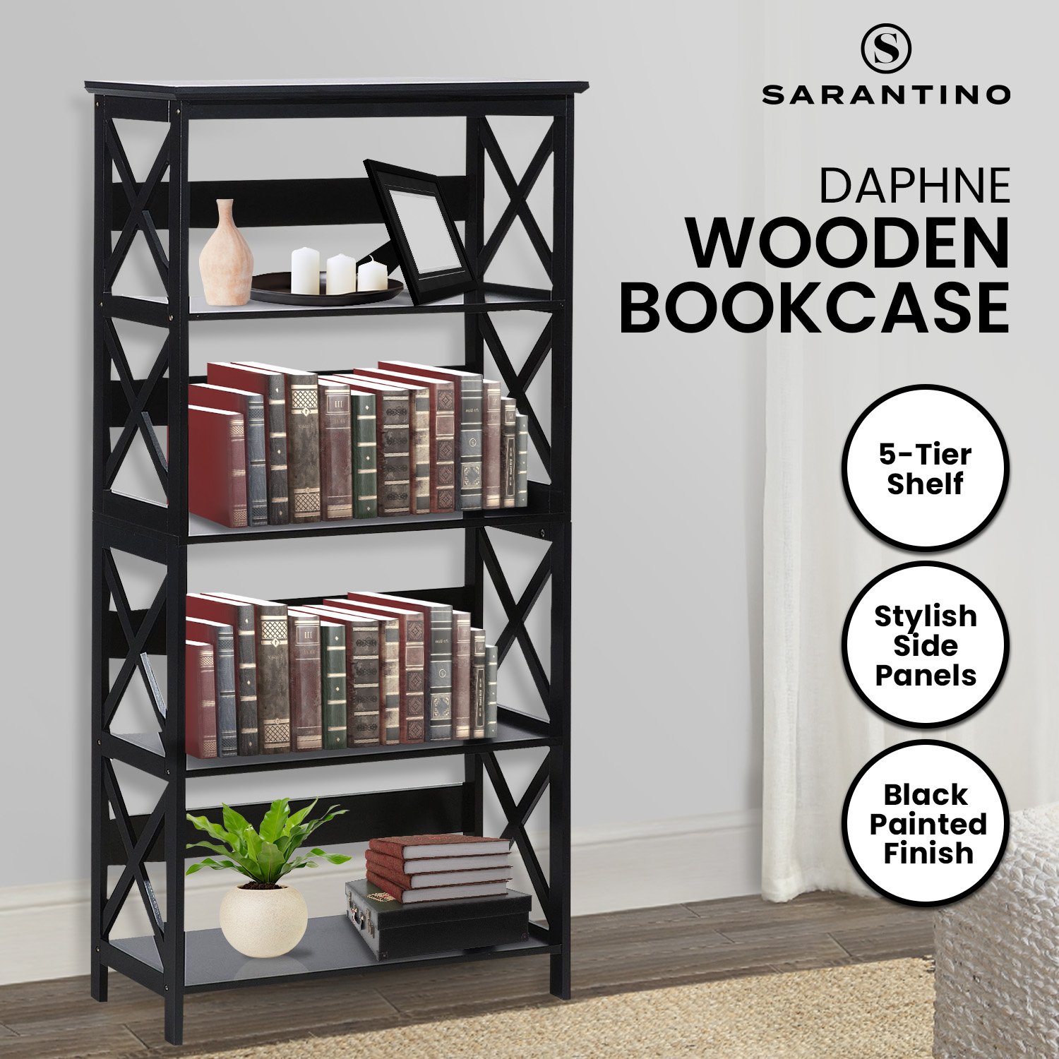 Sarantino Daphne 5-Tier Cross Panel Bookshelf – Nice N Cheap Variety Store Sarantino Daphne 5-Tier Cross Panel Bookshelf - Image 11