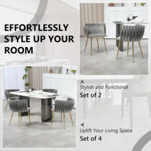 Serenità Grey Modern Hand Weaving Dining Chairs,Velvet Upholstered Side Chairs With Gold Legs, Chic Vanity Chairs With Armrest, Accent Chair For Dining Room, And Cafe Set Of 2 – Nice N Cheap Variety Store Serenità Grey Modern Hand Weaving Dining Chairs,Velvet Upholstered Side Chairs With Gold Legs, Chic Vanity Chairs With Armrest, Accent Chair For Dining Room, And Cafe Set Of 2 - Image 3