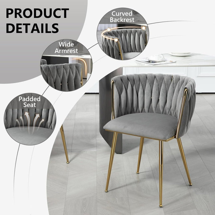 Serenità Grey Modern Hand Weaving Dining Chairs,Velvet Upholstered Side Chairs With Gold Legs, Chic Vanity Chairs With Armrest, Accent Chair For Dining Room, And Cafe Set Of 2 – Nice N Cheap Variety Store Serenità Grey Modern Hand Weaving Dining Chairs,Velvet Upholstered Side Chairs With Gold Legs, Chic Vanity Chairs With Armrest, Accent Chair For Dining Room, And Cafe Set Of 2 - Image 5