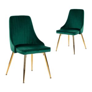 Viva Forever Set Of 2 Green Velvet Dining Chairs-Art Deco Design With Gold Metal Legs - Image 2