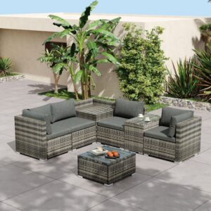 7Pc Outdoor Wicker Lounge With Storage Corner (Grey) - Image 2