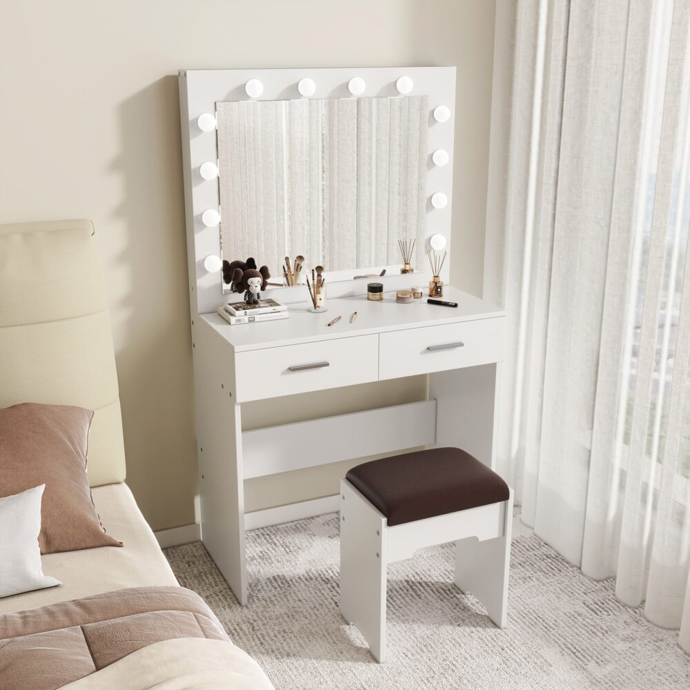 Fidel Vanity Set With Cushioned Stool And Lighted Mirror- White – Nice N Cheap Variety Store Fidel Vanity Set With Cushioned Stool And Lighted Mirror- White - Image 6