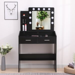 Diana Vanity Set With Shelves Cushioned Stool And Lighted Mirror- Black - Image 4
