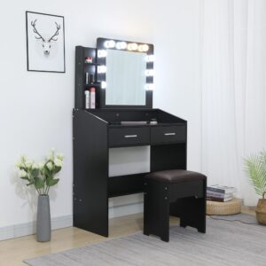 Diana Vanity Set With Shelves Cushioned Stool And Lighted Mirror- Black - Image 6