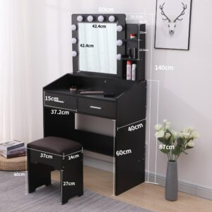 Diana Vanity Set With Shelves Cushioned Stool And Lighted Mirror- Black - Image 13