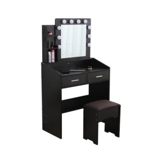 Diana Vanity Set With Shelves Cushioned Stool And Lighted Mirror- Black - Image 7