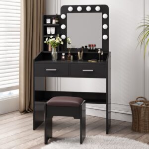 Diana Vanity Set With Shelves Cushioned Stool And Lighted Mirror- Black - Image 5