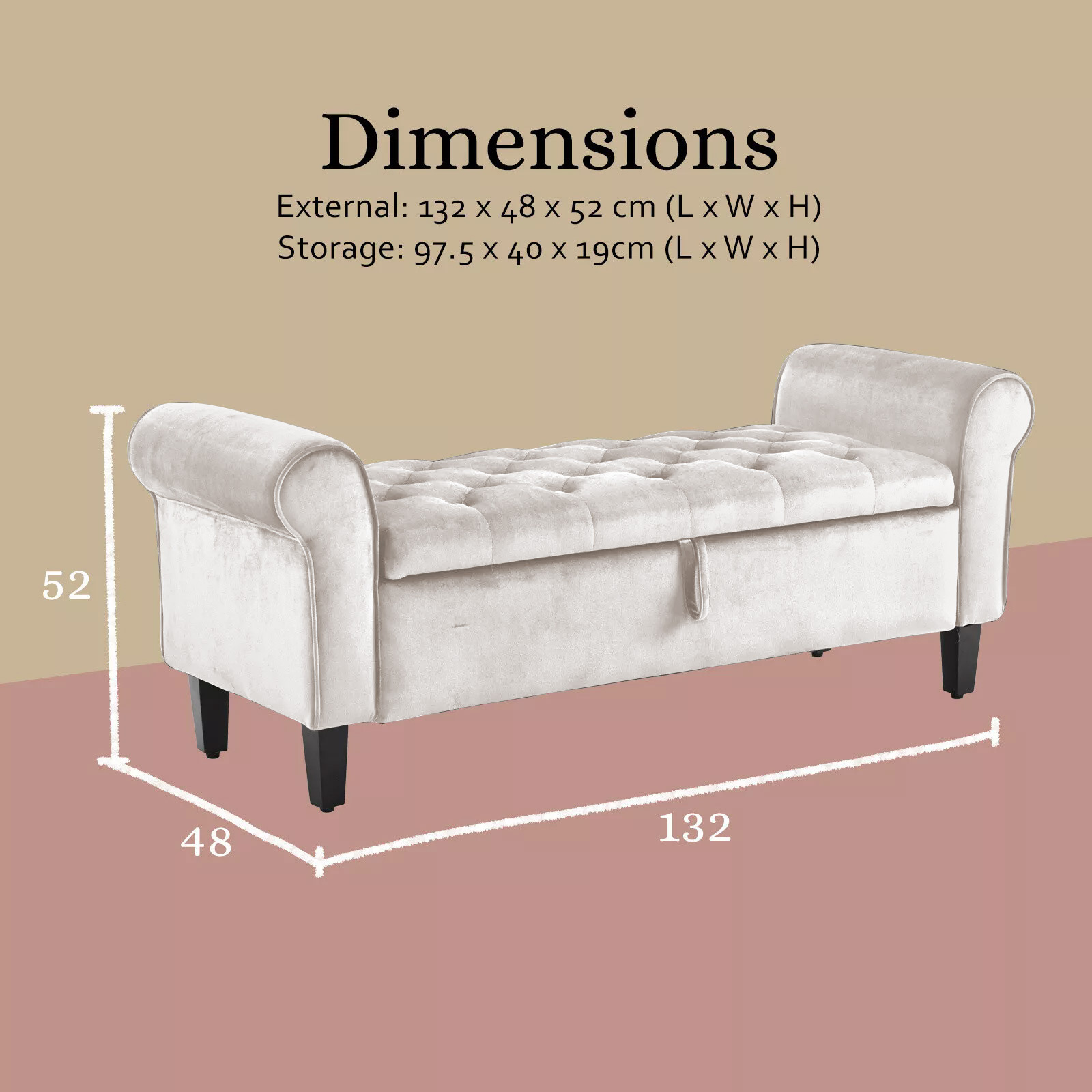 Storage Ottoman Stool Arm Bench Seat 132Cm Velvet Beige – Nice N Cheap Variety Store Storage Ottoman Stool Arm Bench Seat 132Cm Velvet Beige - Image 12