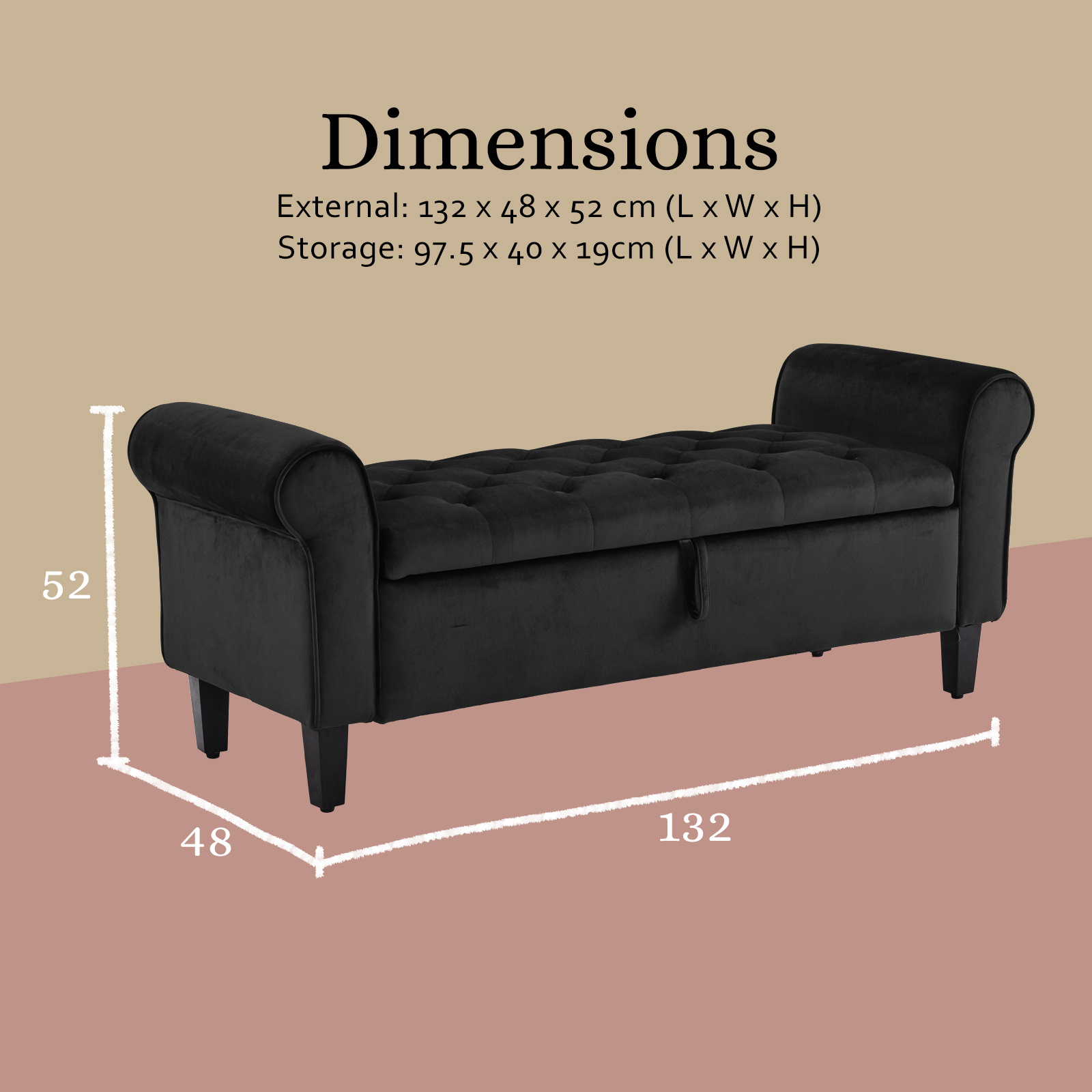 Storage Ottoman Stool Arm Bench Seat 132Cm Velvet Black – Nice N Cheap Variety Store Storage Ottoman Stool Arm Bench Seat 132Cm Velvet Black - Image 12