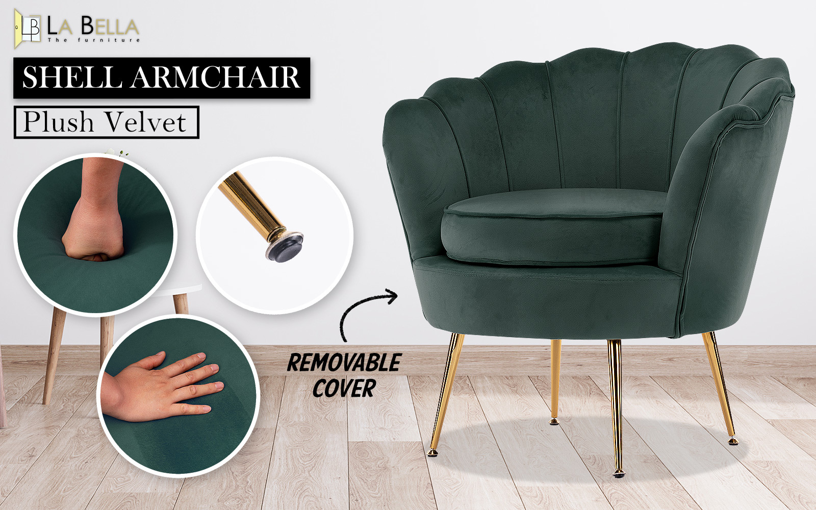 Armchair Padded Lounge Chair Accent Velvet Shell Scallop Green – Nice N Cheap Variety Store Armchair Padded Lounge Chair Accent Velvet Shell Scallop Green - Image 2
