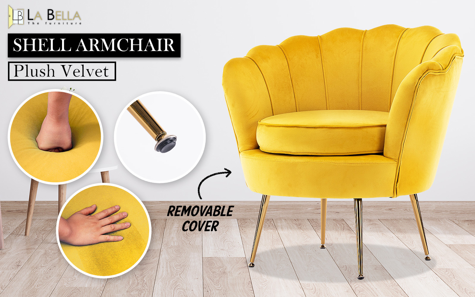 Armchair Padded Lounge Chair Accent Velvet Shell Scallop Yellow – Nice N Cheap Variety Store Armchair Padded Lounge Chair Accent Velvet Shell Scallop Yellow - Image 2