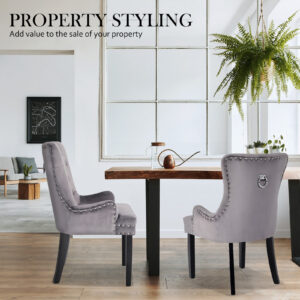 4X French Provincial Dining Chair Ring Studded Velvet Rubberwood Leg Lisse Grey - Image 6