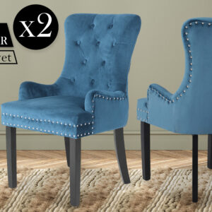 2X French Provincial Dining Chair Ring Studded Velvet Rubberwood Leg Lisse Navy Blue - Image 2