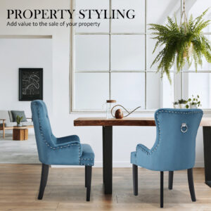 2X French Provincial Dining Chair Ring Studded Velvet Rubberwood Leg Lisse Navy Blue - Image 6