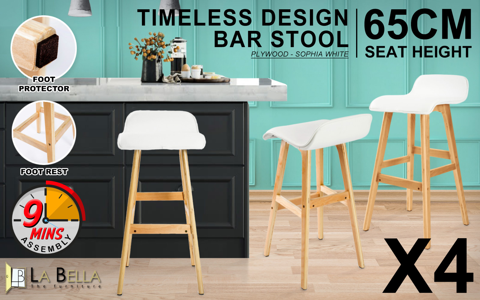 4X Wooden Bar Stool Dining Chair Leather Sophia 65Cm White – Nice N Cheap Variety Store 4X Wooden Bar Stool Dining Chair Leather Sophia 65Cm White - Image 2